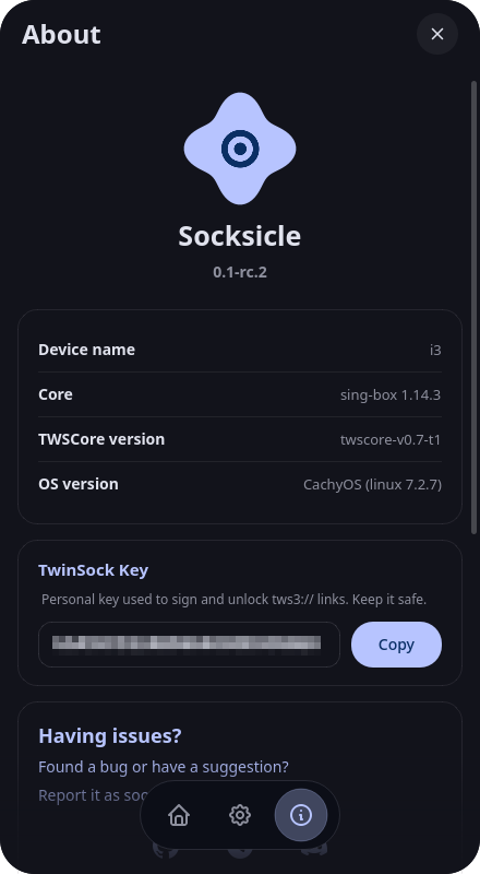 About screen with version, core version and the TwinSock key