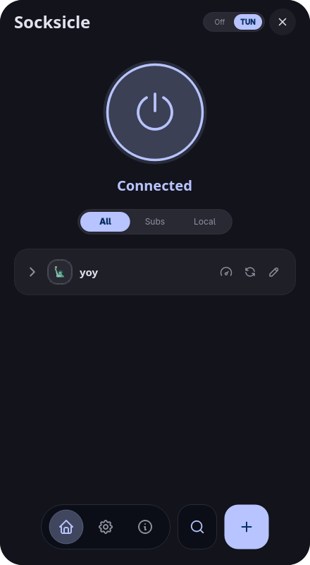 Socksicle main window, connected, with the server list below