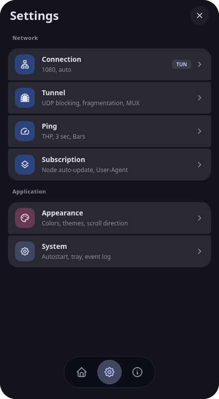 Settings screen with connection, tunnel, ping and appearance options